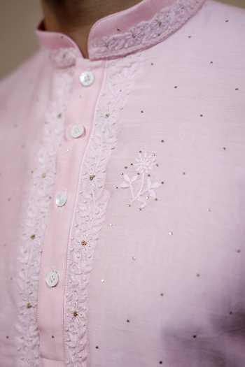 Buy_Madhav Agasti_Pink Chanderi Chikankari Kurta And Pant Set _Online_at_Aza_Fashions