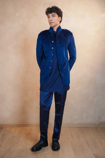 Buy_Madhav Agasti_Blue Suede, Corduroy Piping Bandhgala Kurta Set 