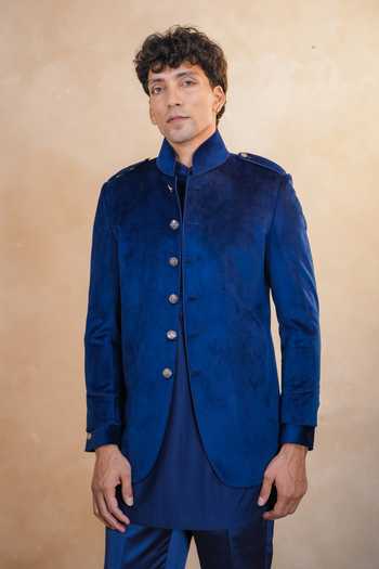 Shop_Madhav Agasti_Blue Suede, Corduroy Piping Bandhgala Kurta Set 