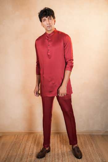 Madhav Agasti_Maroon Silk, Linen Bundi Kurta Set _Online_at_Aza_Fashions