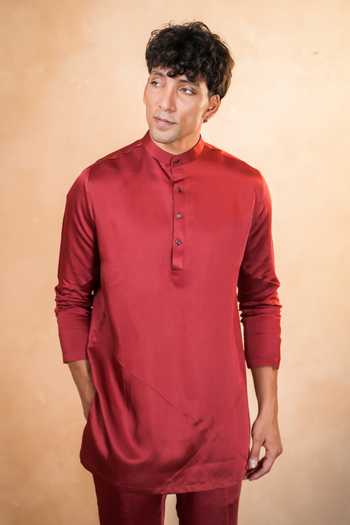 Buy_Madhav Agasti_Maroon Silk, Linen Bundi Kurta Set _Online_at_Aza_Fashions