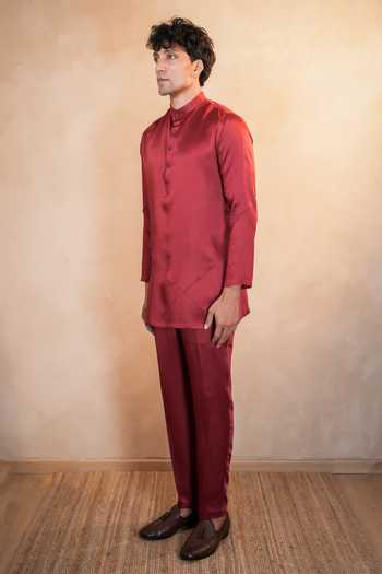 Madhav Agasti_Maroon Silk, Linen Bundi Kurta Set _at_Aza_Fashions