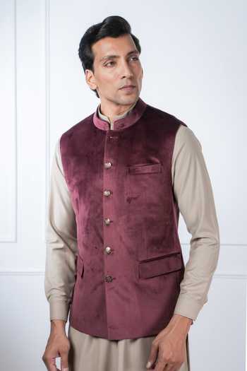 Madhav Agasti_Maroon Suede Nehru Jacket _Online_at_Aza_Fashions
