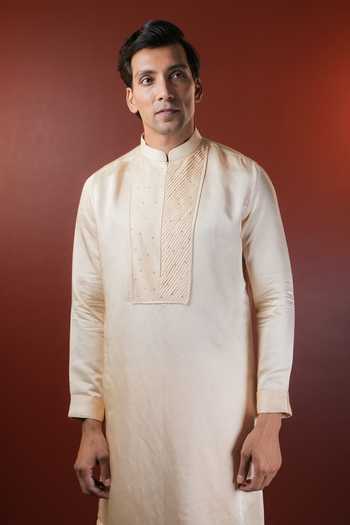 Buy_Madhav Agasti_Cream Silk Pintuck Yoke Kurta Set _Online_at_Aza_Fashions