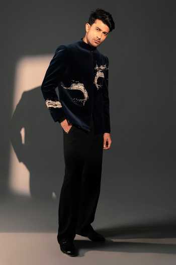 Buy_ROHIT DOSHI_Blue Velvet Zari, Stones Molten Grace Jodhpuri Bandhgala _Online_at_Aza_Fashions