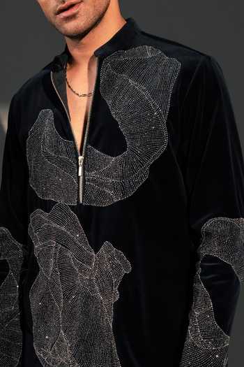 ROHIT DOSHI_Blue Velvet Silent Storm Embroidered Kurta _Online_at_Aza_Fashions