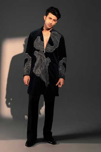 Buy_ROHIT DOSHI_Blue Velvet Silent Storm Embroidered Kurta _Online_at_Aza_Fashions