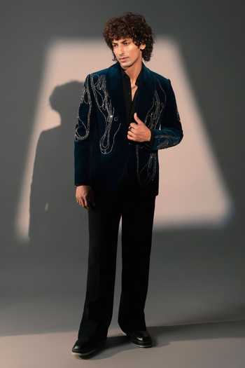 Rohit Doshi_Teal Velvet Stone Embroidered Blazer _Online_at_Aza_Fashions