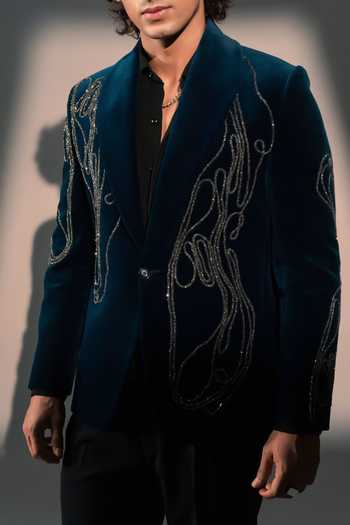 Buy_Rohit Doshi_Teal Velvet Stone Embroidered Blazer _Online_at_Aza_Fashions