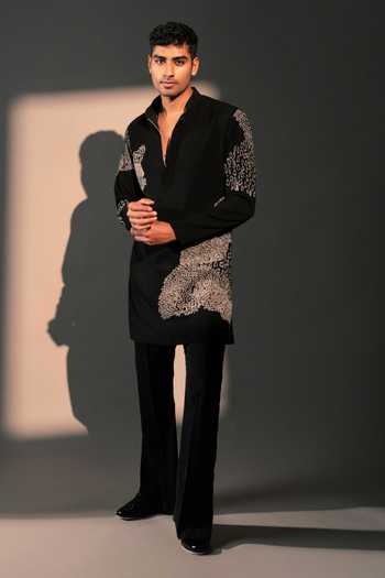ROHIT DOSHI_Black Polyester Multiverse Embroidered Kurta _Online_at_Aza_Fashions