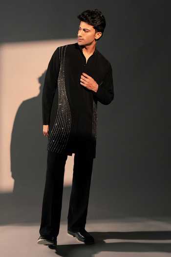 Buy_ROHIT DOSHI_Black Polyester Carbon Embroidered Kurta _Online_at_Aza_Fashions