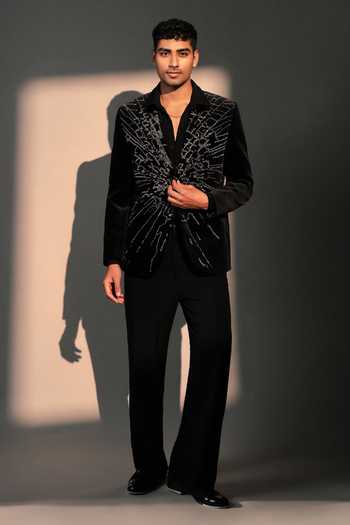 Buy_ROHIT DOSHI_Black Velvet Craqulon Embellished Blazer _Online_at_Aza_Fashions