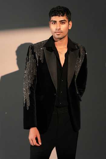 Rohit Doshi Black Polyester Omega Embellished Blazer Online at Aza Fashions Rohit Doshi_Black Polyester Omega Embellished Blazer _Online_at_Aza_Fashions