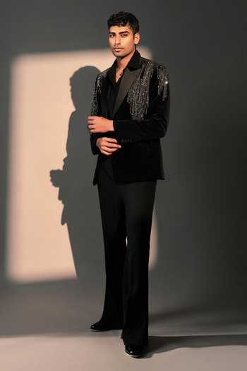 Shop Rohit Doshi Black Polyester Omega Embellished Blazer Online at Aza Fashions Shop_Rohit Doshi_Black Polyester Omega Embellished Blazer _Online_at_Aza_Fashions