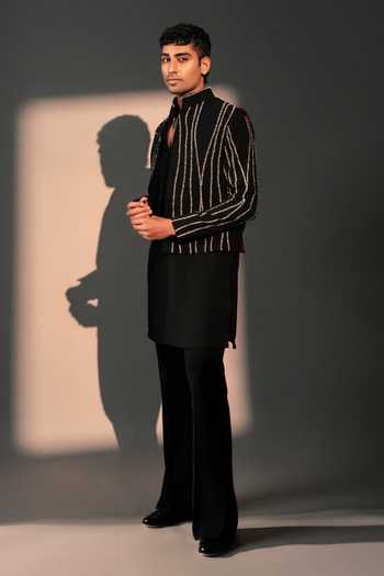 Rohit Doshi_Black Polyester Embroidery Sashiko Bandhgala Jacket _Online_at_Aza_Fashions