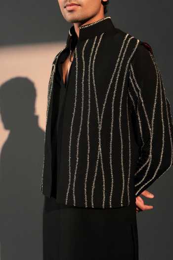 Buy_Rohit Doshi_Black Polyester Embroidery Sashiko Bandhgala Jacket _Online_at_Aza_Fashions