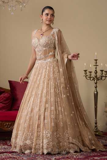 Buy_Chaashni By Maansi And Ketan_Gold Net Sequins, Beads, Zari, Stones Sweetheart Embroidered Corset Lehenga Set _Online_at_Aza_Fashions