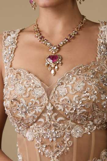 Shop_Chaashni By Maansi And Ketan_Gold Net Sequins, Beads, Zari, Stones Sweetheart Embroidered Corset Lehenga Set _Online_at_Aza_Fashions