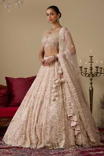 Buy_Chaashni By Maansi And Ketan_Pink Net Sweetheart Neck Floral Sequin Embroidered Bridal Lehenga Set _Online_at_Aza_Fashions