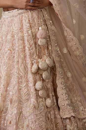 Shop_Chaashni By Maansi And Ketan_Pink Net Sweetheart Neck Floral Sequin Embroidered Bridal Lehenga Set _Online_at_Aza_Fashions