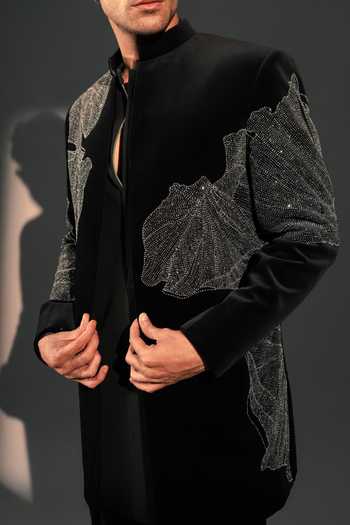 Shop_Rohit Doshi_Black Velvet, Polyester Velvique Embroidered Jacket And Kurta Set _Online_at_Aza_Fashions