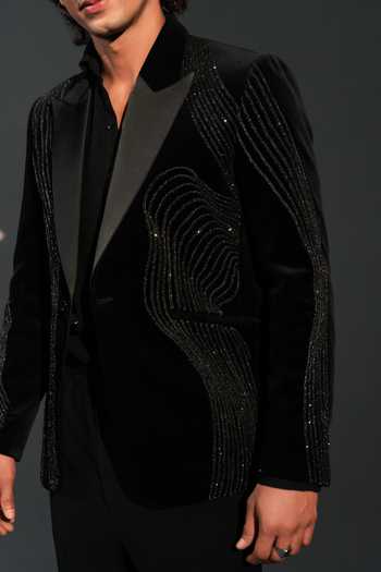Buy_Rohit Doshi_Black Velvet, Polyester Assassin Embroidered Suit And Pant Set _Online_at_Aza_Fashions