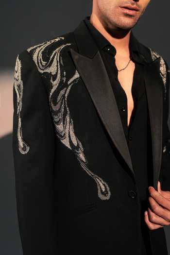 Buy_Rohit Doshi_Black Polyester Chrome Fall Embroidered Suit Pant Set _Online_at_Aza_Fashions