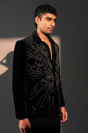 Shop_Rohit Doshi_Black Velvet, Polyester Craqulon Embroidered Suit And Pant Set _Online_at_Aza_Fashions