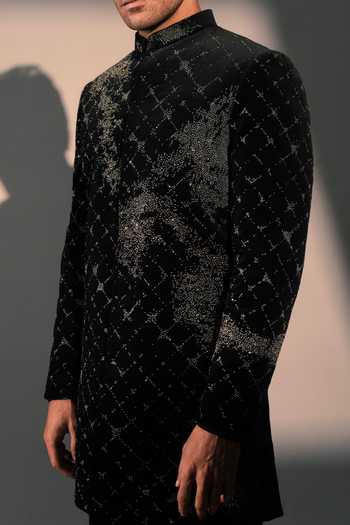 Shop_ROHIT DOSHI_Black Velvet, Polyester Disorder Embroidered Sherwani And Pant Set _Online_at_Aza_Fashions