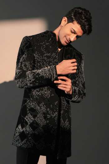 Rohit Doshi_Black Polyester Feral Forest Embroidered Jacket And Kurta Set _Online_at_Aza_Fashions