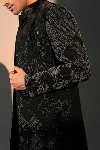 Shop_Rohit Doshi_Black Polyester Feral Forest Embroidered Jacket And Kurta Set _Online_at_Aza_Fashions