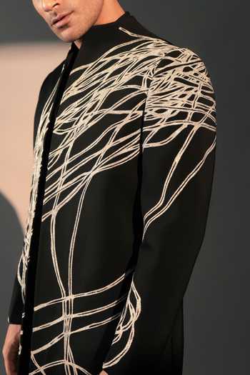 Buy_ROHIT DOSHI_Black Polyester Feral Forest Embroidered Jacket And Kurta Set _Online_at_Aza_Fashions