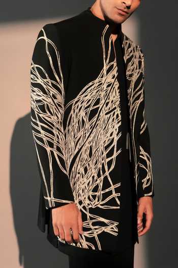 Shop_ROHIT DOSHI_Black Polyester Feral Forest Embroidered Jacket And Kurta Set _Online_at_Aza_Fashions