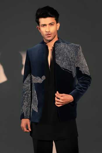 Buy_ROHIT DOSHI_Navy Polyester, Velvet Sequins Glazure Embroidered Bandhgala And Kurta Set _Online_at_Aza_Fashions