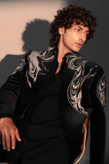 Shop_Rohit Doshi_Black Velvet, Polyester Liquid Burn Embroidered Jacket And Kurta Set _Online_at_Aza_Fashions