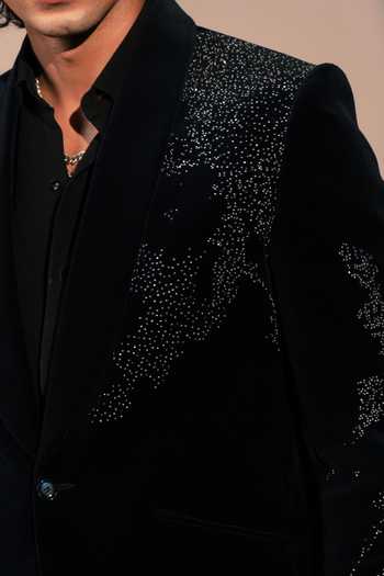 Buy_Rohit Doshi_Blue Velvet, Cotton Silence Embroidered Suit And Pant Set _Online_at_Aza_Fashions