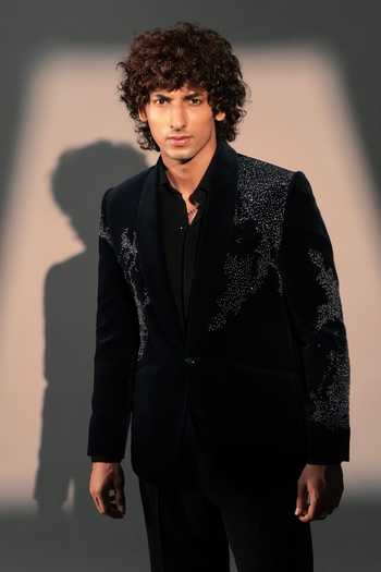 Shop_Rohit Doshi_Blue Velvet, Cotton Silence Embroidered Suit And Pant Set _Online_at_Aza_Fashions