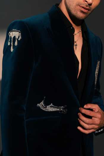 Shop_Rohit Doshi_Teal Velvet, Cotton Metal Melt Embroidered Suit And Pant Set _Online_at_Aza_Fashions