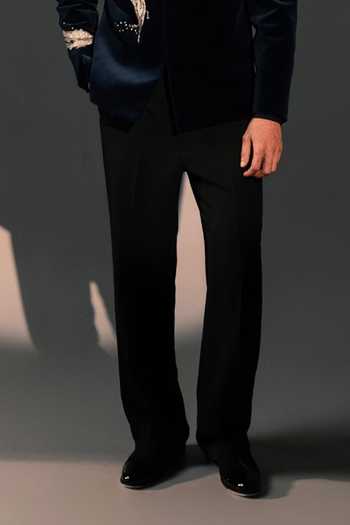 Rohit Doshi_Blue Velvet, Polyester Zari Molten Grace Embroidered Bandhgala Set _Online_at_Aza_Fashions