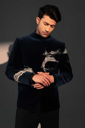 Buy_Rohit Doshi_Blue Velvet, Polyester Zari Molten Grace Embroidered Bandhgala Set _Online_at_Aza_Fashions