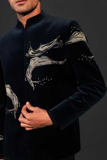 Shop_Rohit Doshi_Blue Velvet, Polyester Zari Molten Grace Embroidered Bandhgala Set _Online_at_Aza_Fashions