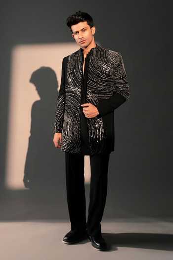 Buy_ROHIT DOSHI_Black Polyester Point Of View Embroidered Jacket And Kurta Set _Online_at_Aza_Fashions