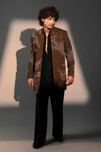 Shop ROHIT DOSHI Brown Polyester Prison Break Embroidered Jacket And Kurta Set at Aza Fashions Shop_ROHIT DOSHI_Brown Polyester Prison Break Embroidered Jacket And Kurta Set _at_Aza_Fashions