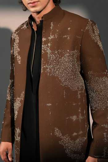 Shop ROHIT DOSHI Brown Polyester Prison Break Embroidered Jacket And Kurta Set Online at Aza Fashions Shop_ROHIT DOSHI_Brown Polyester Prison Break Embroidered Jacket And Kurta Set _Online_at_Aza_Fashions
