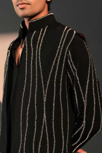 Buy_ROHIT DOSHI_Black Polyester Sashiko Embroidered Jacket And Kurta Set _Online_at_Aza_Fashions