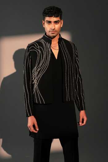 Shop_ROHIT DOSHI_Black Polyester Sashiko Embroidered Jacket And Kurta Set _Online_at_Aza_Fashions
