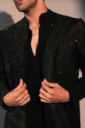 Shop_ROHIT DOSHI_Black Polyester Scarlet Embroidered Jacket And Kurta Set _Online_at_Aza_Fashions