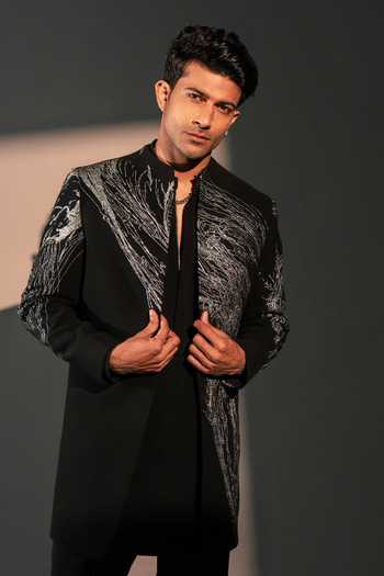 Buy_ROHIT DOSHI_Black Polyester Sediment Embroidered Jacket And Kurta Set _Online_at_Aza_Fashions