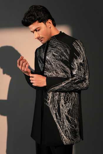 Shop_ROHIT DOSHI_Black Polyester Sediment Embroidered Jacket And Kurta Set _Online_at_Aza_Fashions