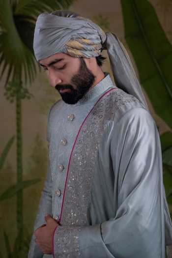 Punit Arora_Grey Silk, Jacquard, Polyester Embroidered Sherwani Set _Online_at_Aza_Fashions